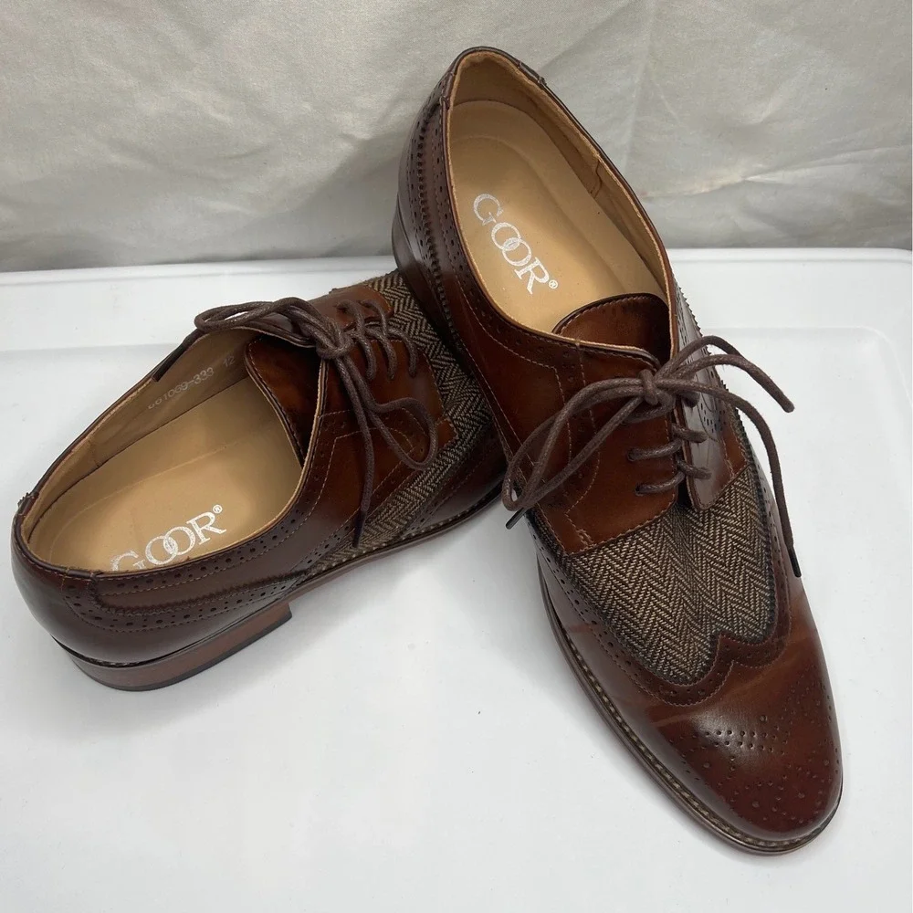 Goor Mens Brown Wingtip Oxford Dress Shoes Herringbone Brogue GS1069-333 Size 12
